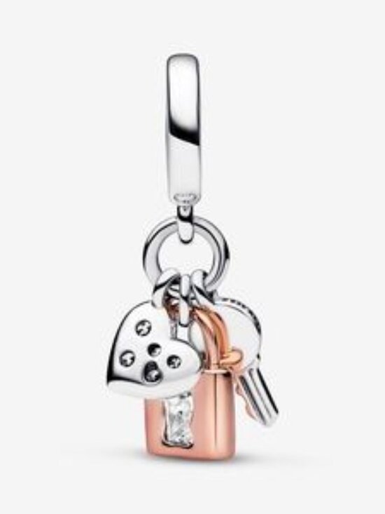 Pandora Two-tone Key, Padlock & Heart Triple Dangle Charm - Picture 2 of 4